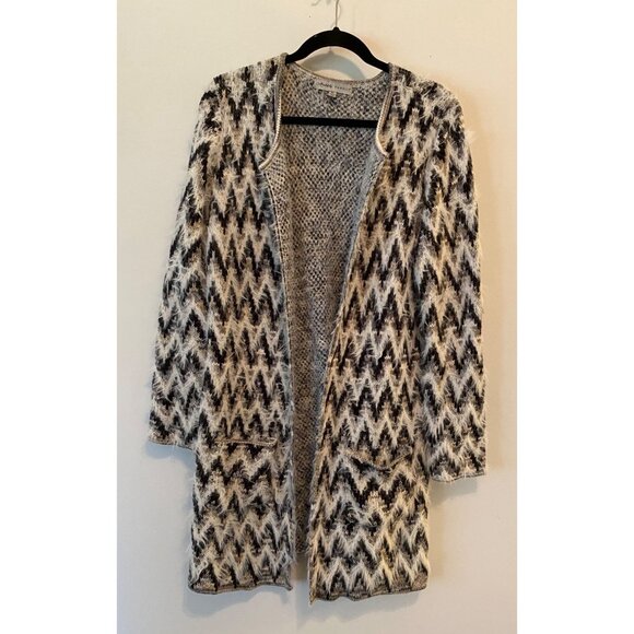 Absolutely Famous Sweaters - Absolutely Famous Open Front Midi Cardigan Sweater Black Brown Chevron Print XL